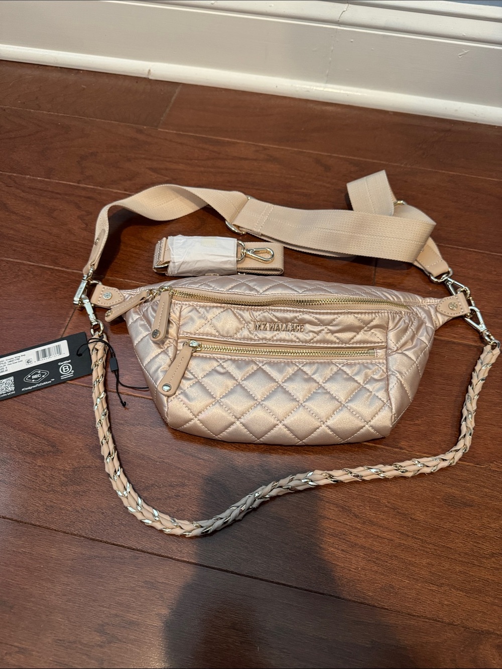 MZ Wallace small rose gold metallic Quilted Crossbody sling Waist Bag
